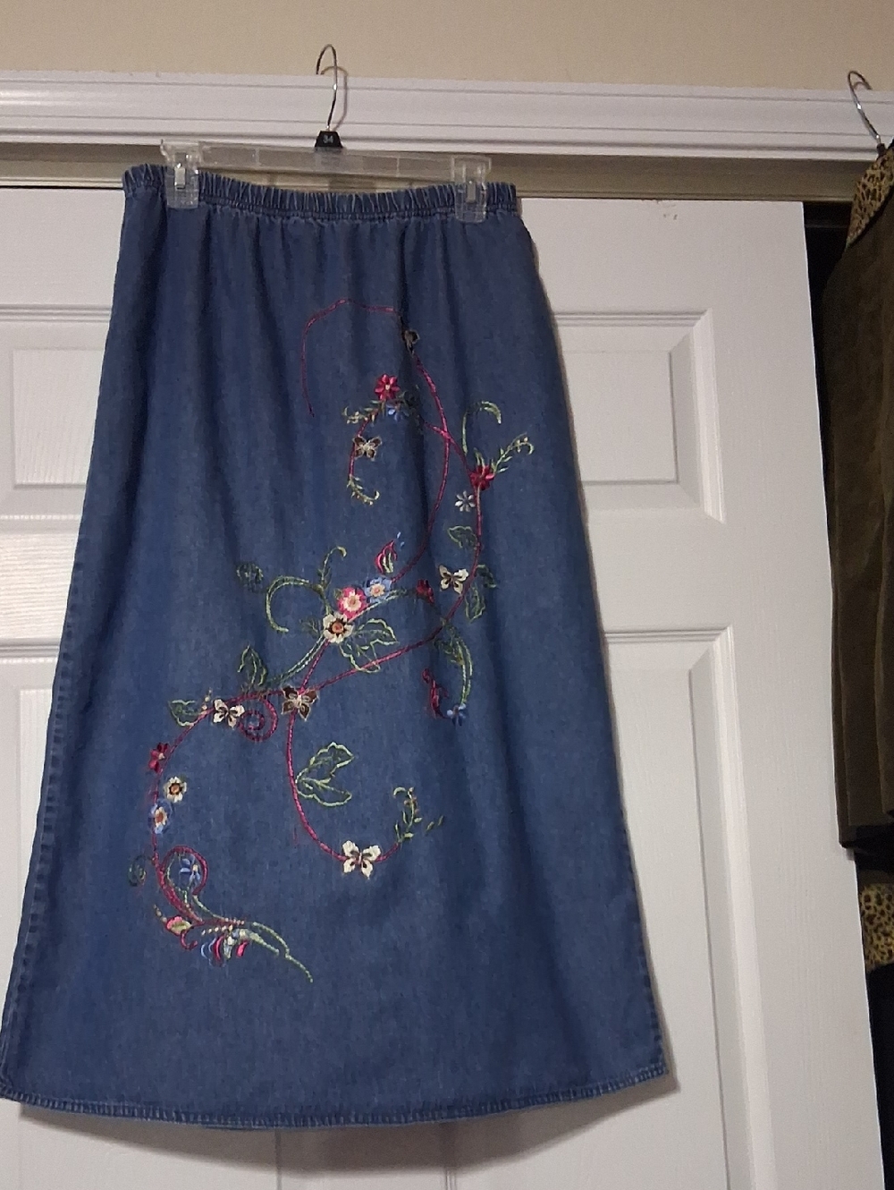 Embroidered Blue Denim Midi Skirt with Floral Detail